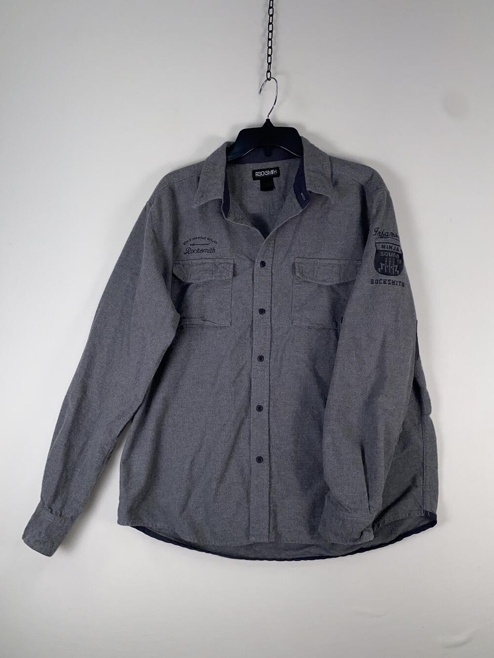 Rocksmith Shirt Mens XL Gray Long Sleeve Button Up Flannel Embroidered Casual